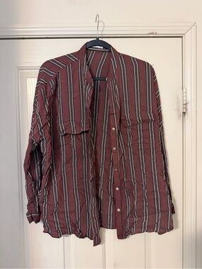 Mango Maroon Vertical-Stripe Lightweight Shirt Jacket
